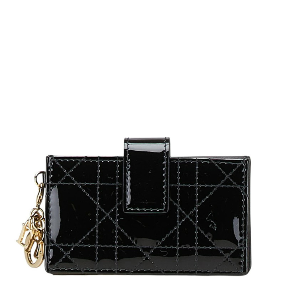 Christian Dior Lady Cannage Card Case Wallet Black Enamel Leather